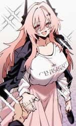 Rule 34 | 1girl, :d, absurdres, arknights, black horns, black jacket, blush, breasts, bright pupils, cleavage, clothes writing, collarbone, commentary, diamond-shaped pupils, diamond (shape), dryegen, english commentary, hair between eyes, hair intakes, highres, holding hands, horns, jacket, jacket on shoulders, large breasts, long hair, long sleeves, looking at viewer, open mouth, pink eyes, pink hair, pink skirt, pov, pov hands, shirt, skirt, smile, solo focus, sparkle, standing, symbol-shaped pupils, t-shirt, theresa (arknights), white background, white pupils, white shirt, zipper