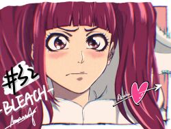 1girl arrow_through_heart bleach bleach:_sennen_kessen-hen blunt_bangs blush chinese_commentary close-up closed_mouth commentary_request copyright_name dokugamine_riruka eyelashes heart highres hood hood_up long_hair looking_at_viewer official_alternate_costume red_eyes red_hair shy signature single_sidelock solo straight_hair twintails user_wjya2724 v-shaped_eyebrows