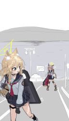 &gt;_&lt; 2_pycat 2girls absurdres animal_ears blonde_hair blue_archive blue_skirt brown_hair fox_ears fox_girl green_eyes green_halo halo highres kurumi_(blue_archive) multiple_girls neckerchief otogi_(blue_archive) red_neckerchief school_uniform serafuku shirt skirt thighs white_shirt