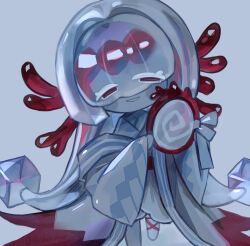 Rule 34 | 1girl, agar agar cookie, akibevillage, colored skin, commentary request, cookie run, cookie run: kingdom, coral hair ornament, grey background, half-closed eyes, highres, hime cut, holding, holding mirror, japanese clothes, kimono, long hair, long sleeves, looking at viewer, mirror, open mouth, red eyes, simple background, smile, solo, very long hair, white hair, white kimono, white skin, wide sleeves