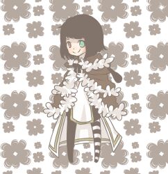 Rule 34 | 1girl, asymmetrical legwear, black hair, black pantyhose, blush, bob cut, brown cape, cape, closed mouth, commentary request, dress, full body, fur-trimmed cape, fur trim, green eyes, grey background, heterochromia, high wizard (ragnarok online), looking at viewer, meiko (nattu303), mismatched legwear, pantyhose, ragnarok online, red eyes, short hair, smile, solo, standing, white dress