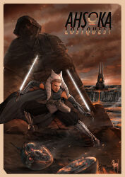 1girl absurdres ahsoka_tano alien armored_boots baggy_pants black_pants boots colored_skin dual_wielding energy_sword english_text highres holding lightsaber looking_to_the_side mustafar orange_skin outdoors pants qenus signature solo squatting standing star_wars sword togruta weapon white_lightsaber