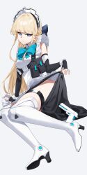 1girl absurdres apron bare_shoulders black_dress black_gloves blonde_hair blue_archive blue_bow blue_eyes boots bow clothes_lift dress elbow_gloves fingerless_gloves gloves hair_bow hairband high_heel_boots high_heels highres long_hair long_skirt looking_at_viewer lying maid maid_apron maid_headdress official_alternate_hairstyle on_side porcelainsphere sidelocks skirt skirt_lift solo thigh_boots thigh_strap toki_(blue_archive) white_apron white_boots white_hairband