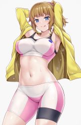1girl :q armpits arms_up bike_shorts blue_eyes blush breasts brown_hair cowboy_shot gundam gundam_build_fighters gundam_build_fighters_try hoshino_fumina jacket large_breasts looking_at_viewer midriff navel pink_scrunchie ponytail r-binon scrunchie sidelocks solo sports_bra stomach sweat tongue tongue_out two-tone_sports_bra yellow_jacket