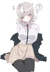 1girl ;/ ? black_jacket black_thighhighs blush breasts brown_skirt collared_shirt danganronpa_(series) danganronpa_2:_goodbye_despair headpat highres jacket large_breasts long_sleeves miniskirt nanami_chiaki neck_ribbon off_shoulder phare_(spring_ha1ru) pink_ribbon pleated_skirt ribbon shirt sitting skirt solo spoken_question_mark thighhighs white_background