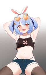 1girl :d animal_ears armpits blush brown_thighhighs crop_top denim denim_shorts eyewear_on_head grey_background hair_ribbon highres hololive kani_bonara midriff navel open_mouth orange_eyes rabbit_ears ribbon short_eyebrows short_shorts short_twintails shorts simple_background smile solo steaming_body stomach sunglasses sweat thighhighs twintails usada_pekora usada_pekora_(casual) virtual_youtuber