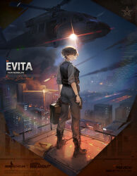 1girl aircraft arena_breakout black_boots blood blood_on_face blue_eyes boots brown_hair bulletproof_vest burning burning_building character_name city_lights cityscape crossover english_text evita_(arena_breakout) girls&#039;_frontline green_pants green_shirt gun handgun helicopter highres holding holding_gun holding_suitcase holding_weapon looking_at_viewer looking_back missile missile_trail official_art pants searchlight shirt suitcase uh-60_blackhawk weapon