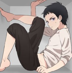 1boy barefoot black_hair black_pants blunt_bangs box closed_mouth in_box in_container komiya_harumoto looking_at_viewer pants purple_eyes shadows_house shaun_(shadows_house) shirt short_hair sleeves_rolled_up solo sweatdrop white_shirt