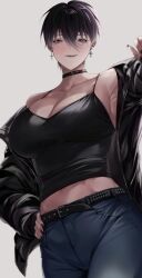 Rule 34 | 1girl, absurdres, armpits, bare shoulders, belt, black belt, black camisole, black hair, black jacket, black nails, blue pants, breasts, camisole, cleavage, commentary, cross, cross earrings, ear piercing, earrings, english commentary, from below, hair between eyes, hand on own hip, highres, jacket, jewelry, large breasts, midriff, mole, mole under eye, navel, off shoulder, open mouth, original, pants, piercing, short hair, simple background, solo, studded belt, tomboy, ulularts, white background, yellow eyes