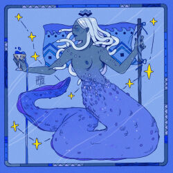 1girl albabg artist_logo artist_name blue_background blue_skin blue_theme border breasts chalice colored_skin commentary cup english_commentary fantasy flag flagpole full_body highres holding holding_chalice holding_flag liquid logo long_hair mermaid monster_girl navel nipples nude original profile scales small_breasts snake_hair solo star_(symbol) white_hair