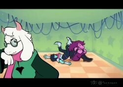 1boy 1girl 1other animated animated_gif armor artist_name bad_tag black_jacket closed_eyes commentary deltarune english_commentary fangs floppy_ears furry furry_female furry_male glasses goat_horns green_robe horns jacket kris_(deltarune) looking_at_viewer pink_horns pink_scarf praying purple_hair ralsei robe scarf signature susie_(deltarune) taxmaaan the_amazing_digital_circus twitter_username white_fur