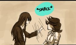 10s 1girl color_coordination comic english_text female_focus formal_clothes kill_la_kill kiryuuin_satsuki long_hair matoi_ryuuko monochrome roman_imperial sepia short_hair siblings sisters slapping spot_color standing stutter thick_eyebrows upset yuri