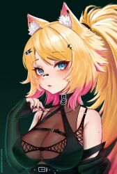1girl absurdres animal_ear_fluff animal_ears bandaid bandaid_on_face bandaid_on_nose black_bra black_gloves blonde_hair blue_eyes bra breasts cat_ears cat_girl chest_strap cleavage colored_tips earrings elbow_gloves fingerless_gloves fingernails fishnet_bra gloves hair_ornament highres holding holding_jewelry holding_necklace indie_virtual_youtuber jewelry large_breasts medium_breasts mirowin multicolored_hair necklace obkatiekat obkatiekat_(2nd_costume) parted_lips pink_hair pink_nails ponytail see-through_cleavage see-through_clothes sharp_fingernails solo twitter_username underwear upper_body virtual_youtuber