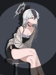 Rule 34 | 1girl, bar stool, black choker, black dress, black hair, blue archive, breasts, brown cardigan, cardigan, choker, cleavage, crossed arms, demon girl, demon horns, dress, ear piercing, earrings, grey hair, grey halo, hair behind ear, hair between eyes, hair ribbon, halo, highres, horns, jewelry, kayoko (blue archive), kayoko (dress) (blue archive), leaning forward, long hair, multicolored hair, piercing, red eyes, ribbon, shi draco, sitting, solo, spotlight, stool, streaked hair, thighs, two-tone hair