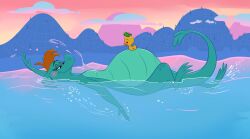 1girl belly big_belly blush closed_mouth cloud colored_sclera commentary convexpert english_commentary eyelashes highres lake long_tail monster nessie_(the_ballad_of_nessie) one_eye_closed pregnant raised_eyebrows rubber_duck swimming tail the_ballad_of_nessie very_long_tail water