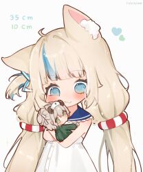 ahoge animal_ear_fluff animal_ears artist_name bare_arms blonde_hair blue_eyes blue_hair blue_sailor_collar blunt_bangs blush cat_ears chibi chibi_only commentary dress english_commentary frilled_sailor_collar frills green_eyes grey_hair hat heart height highres holding holding_mini_person indie_virtual_youtuber innertube_hair_ornament long_hair low_twintails mini_person minigirl multicolored_hair nimi_nightmare nurse_cap one_side_up rinrihime sailor_collar sailor_dress sameko_saba simple_background sleeveless sleeveless_dress smile streaked_hair twintails two-tone_hair very_long_hair virtual_youtuber white_background white_dress