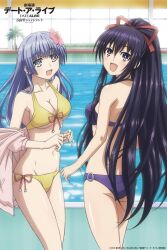 Rule 34 | 2girls, anime coloring, bare shoulders, bikini, blue eyes, blue hair, breasts, cleavage, collarbone, copyright name, date a live, flower, gekijouban date a live: mayuri judgement, hair between eyes, hair flower, hair ornament, hair ribbon, highres, indoors, izayoi miku, long hair, looking at viewer, medium breasts, multiple girls, navel, official art, open clothes, open mouth, open shirt, plant, ponytail, pool, potted plant, purple bikini, purple eyes, purple hair, ribbon, smile, swimsuit, yatogami tohka, yellow bikini