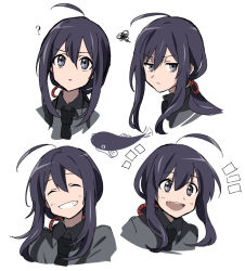 10s 1boy ? ^_^ ahoge black_hair catfish closed_eyes multiple_expressions fish grin male_focus matsuki_(mikipingpong) multiple_views namazuo_toushirou name_connection necktie object_namesake open_mouth ponytail purple_eyes smile squiggle touken_ranbu upper_body