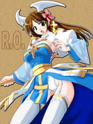 1girl arch_bishop_(ragnarok_online) blue_dress bow breasts brown_background brown_hair cleavage commentary_request copyright_notice cowboy_shot cross dress fake_wings feathered_wings fingernails fishnet_thighhighs fishnets frilled_thighhighs frills garter_straps green_eyes hair_bow head_wings juliet_sleeves long_hair long_sleeves looking_at_viewer medium_breasts open_mouth panties pink_bow pink_nails puffy_sleeves ragfes ragnarok_online sash shrug_(clothing) simple_background smile solo strapless strapless_dress tatsumi_ray thighhighs underwear variant_set white_panties white_thighhighs white_wings wings