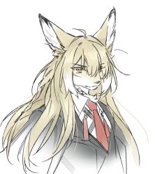 1girl ahoge animal_nose arknights black_jacket blonde_hair braid closed_mouth collared_shirt cropped_torso expressionless fluff fox_girl fox_tail furrification furry furry_female jacket jacket_on_shoulders long_hair looking_ahead necktie orange_eyes qmt4hl9mtx70300 red_necktie scar scar_on_face shirt side_braid simple_background solo suit_jacket tail v-shaped_eyebrows vulpisfoglia_(arknights) white_background white_shirt