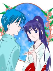 Rule 34 | 1boy, 1girl, blue eyes, blue hair, flower, hand up, hashiba touma, japanese clothes, kayura, kimono, long hair, ponytail, purple hair, ronin warriors, sidelocks, sunrise (company), yoroiden samurai troopers