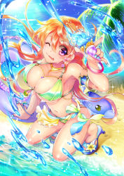 1girl :p ;p amase_(pixiv10051640) armlet bad_id bad_pixiv_id bangle beach bikini blue_nails blue_sky bracelet breasts choker cleavage day earrings eel female_focus flower_earrings food full_body green_bikini hair_between_eyes high_heels highres holding holding_food ice_cream ice_cream_cone inflatable_toy innertube jewelry kneeling large_breasts light_particles long_hair looking_at_viewer million_arthur_(series) nail_polish navel ocean one_eye_closed orange_hair original outdoors palm_tree platform_clogs purple_eyes sand sandals sarong shoes sky smile solo sparkle strap_gap sunlight swim_ring swimsuit toenail_polish toenails tongue tongue_out tree water wet