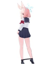 1girl absurdres animal_ears armband black_sailor_collar black_skirt blue_archive blue_eyes blue_halo clothes_pull fox_ears fox_girl from_behind full_body halo highres long_sleeves looking_at_viewer looking_back niko_(blue_archive) pantyhose pantyhose_pull pink_hair pleated_skirt red_armband sailor_collar shirt simple_background skirt solo tisofofo white_background white_shirt