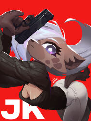 1girl :| absurdres among_us arms_up ass bent_over black_sweater breasts brown_fur closed_mouth downblouse dynamic_pose english_text furry furry_female gun hair_over_one_eye halftone highres holding holding_gun holding_weapon hyena_ears hyena_girl hyena_tail kadim khaki_pants medium_breasts meme meme_attire open-chest_sweater original purple_eyes red_background short_hair signature sweater weapon white_hair