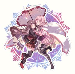 2girls black_gloves blunt_bangs blush boots bow bow_(weapon) braid brown_eyes brown_hair cloak corset crossbow dress frills full_body gloves highres holding holding_umbrella hood hooded_cloak knee_boots long_hair long_sleeves looking_at_viewer magia_record:_mahou_shoujo_madoka_magica_gaiden magical_girl mahou_shoujo_madoka_magica multiple_girls open_mouth outline pink_eyes pink_hair red_corset ribbon sakura_romu satomi_touka shirt sidelocks skirt smile soul_gem tamaki_iroha thighhighs twin_braids twitter_username umbrella very_long_hair watermark weapon white_background white_cloak white_hood white_outline