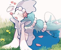 blue_hair blush closed_eyes colored_eyelashes colored_skin eyelashes fang flower gen_7_pokemon grass heart long_hair nintendo on_grass open_mouth pokemon pokemon_(creature) pokemon_focus primarina solo sstoh white_background white_eyelashes white_skin