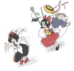 Rule 34 | 2girls, absurdres, ascot, bird scarer, black hair, black ribbon, black shoes, black skirt, bow, cd, chasing, collared shirt, detached sleeves, feral instincts, frilled bow, frilled skirt, frills, full body, geta, hair bow, hair tubes, hakurei reimu, hat, henohenomoheji, highres, long sleeves, multiple girls, neck ribbon, open mouth, peroponesosu., pinwheel, pom pom (clothes), puffy short sleeves, puffy sleeves, red bow, red hat, red shoes, red skirt, ribbon, running, scarecrow, shameimaru aya, shirt, shoes, short hair, short sleeves, skirt, socks, tengu-geta, tokin hat, touhou, white background, white shirt, white sleeves, white socks, wide sleeves, yellow ascot