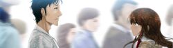 Rule 34 | 1boy, 1girl, absurdres, adam&#039;s apple, beard stubble, black hair, blurry, blurry background, blush, brown hair, brown jacket, brown pants, clenched teeth, coat, collarbone, collared shirt, crying, crying with eyes open, eye contact, facial hair, floating hair, from side, game cg, grey eyes, grin, hair between eyes, hair over shoulder, highres, huke, jacket, jacket partially removed, lab coat, long hair, long sleeves, looking at another, makise kurisu, messy hair, motion blur, necktie, official art, okabe rintarou, outdoors, pants, purple eyes, purple trim, realization, red necktie, ringed eyes, shirt, smile, square pupils, steins;gate, stubble, surprised, t-shirt, tearing up, tears, teeth, white coat, white shirt