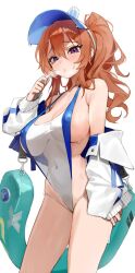 1girl blush breasts brown_dust_(series) brown_dust_2 cleavage covered_navel gdd_(vkejr702) hair_between_eyes hat highres holding holding_whistle jacket large_breasts lifebuoy lifeguard long_hair looking_at_viewer off_shoulder one-piece_swimsuit orange_hair ponytail purple_eyes see-through_clothes see-through_one-piece_swimsuit sideboob simple_background skindentation solo swim_ring swimsuit thighs visor_cap wet whistle whistle_around_neck white_background zenith_(brown_dust)