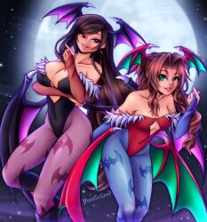 Rule 34 | 2girls, aerith gainsborough, bare shoulders, bat wings, black hair, boots, breasts, brown hair, cleavage, cosplay, covered navel, crossover, darkstalkers, final fantasy, final fantasy vii, green eyes, highres, large breasts, leotard, lilith (darkstalkers), lilith (darkstalkers) (cosplay), long hair, medium, moon, morrigan aensland, morrigan aensland (cosplay), multiple girls, night, pantyhose, red eyes, skin tight, stars, tagme, tifa lockhart, wings, yuube, yuubegood