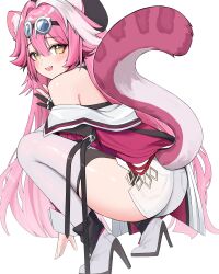 1girl animal_ears arm_belt ass back bare_shoulders belt beret black_belt black_gloves black_hat blush coat commentary daemo72 english_commentary eyeshadow fangs from_behind gloves goggles goggles_on_head hair_intakes hat high_heels highres hololive hololive_english jewelry long_hair looking_at_viewer makeup multicolored_hair open_mouth panther_ears panther_girl panther_tail pink_coat pink_eyeshadow pink_hair raora_panthera raora_panthera_(1st_costume) ring shirt shoes simple_background single_glove smile solo squatting streaked_hair tail teeth thighhighs thighs twitter_username two-tone_hair upper_teeth_only virtual_youtuber white_background white_hair white_shirt white_shoes white_thighhighs yellow_eyes