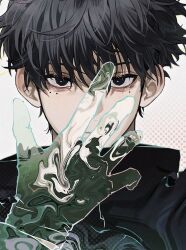 1boy bags_under_eyes black_eyes black_hair black_shirt double_exposure high_collar highres looking_at_viewer male_focus mole mole_under_eye multiple_moles qupuqp sakamoto_days seba_natsuki shirt short_hair simple_background solo transparent