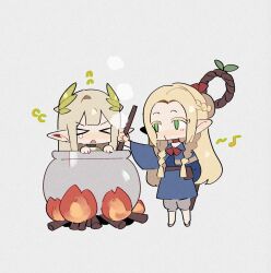 Rule 34 | &gt; &lt;, 2girls, arknights, blonde hair, blue dress, blush stickers, braid, chibi, closed eyes, cooking, cooking pot, dress, dungeon meshi, eighth note, elf, fire, flying sweatdrops, green eyes, grey background, grey pants, hashtag-only commentary, highres, hl (iamawhitehippo), holding, long hair, long sleeves, looking at another, marcille donato, muelsyse (arknights), multiple girls, musical note, no nose, open mouth, pants, pointy ears, sidelocks, standing, tearing up, wide sleeves
