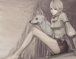 1girl blonde_hair blouse blue_eyes boots brooch choker demento dog fiona_belli green_eyes headpat hewie jewelry miniskirt shirt sitting skirt