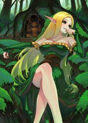 1girl absurdres black_sclera blonde_hair breasts brown_corset cleavage colored_sclera corset dress elf fingernails forest gemi_ningen green_dress green_eyes grin highres jewelry large_breasts long_hair looking_at_viewer low_neckline moss nail_polish nature necklace necklace_between_breasts off-shoulder_dress off_shoulder original pathfinder pointy_ears red_nails sharp_fingernails sharp_teeth smile solo teeth