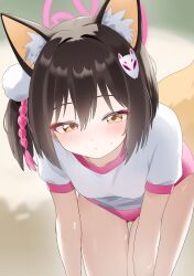 1girl animal_ear_fluff animal_ears black_hair blue_archive blush breasts buruma deraishi eyeliner fox_ears fox_girl fox_hair_ornament fox_tail gym_shirt gym_uniform hair_between_eyes hair_ornament halo highres izuna_(blue_archive) leaning_forward makeup medium_breasts medium_hair official_alternate_costume pink_buruma pink_halo pom_pom_(clothes) pom_pom_hair_ornament shirt short_sleeves tail white_shirt yellow_eyes