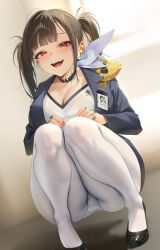 1girl black_collar black_hair black_jacket black_shoes blunt_bangs blurry blurry_background blush breasts cleavage collar ear_ornament fang goddess_of_victory:_nikke high_heels highres jacket jewelry large_breasts long_hair long_sleeves looking_at_viewer mole mole_under_eye multiple_rings open_mouth panties panties_under_pantyhose pantyhose parted_bangs red_eyes ring ruhee shirt shoes smile solo sora_(nikke) squatting underwear white_panties white_pantyhose white_shirt