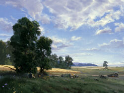 blue_sky cloud cloudy_sky commentary day english_commentary field grass highres landscape nature no_humans original outdoors philipp_urlich scenery sky tree wheelbarrow