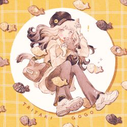 ! 1girl animal_ears black_hat black_socks blonde_hair brown_bag brown_eyes brown_hair brown_pants cat_ears cat_girl cat_tail fang food full_body gradient_hair hat holding holding_food looking_at_viewer multicolored_hair open_mouth original pants ryokuno_green shoes simple_background sitting socks solo sweater tail taiyaki wagashi yellow_background yellow_shoes yellow_sweater