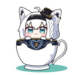 1girl :3 ahoge animal_ear_fluff animal_ears aqua_eyes black_hat blush braid chibi chibi_only closed_mouth commentary_request cup dohoon earrings fox_ears fox_girl gloves hat highres holding hololive in_container in_cup jewelry long_hair looking_at_viewer mini_hat mini_person mini_top_hat minigirl shirakami_fubuki shirakami_fubuki_(aristocrat_kei) side_braid simple_background single_earring solo teacup top_hat virtual_youtuber white_background white_gloves white_hair