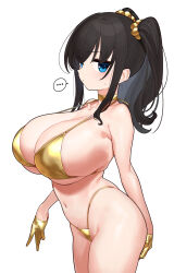 Rule 34 | ..., 1girl, bare arms, bare shoulders, bikini, black hair, blue eyes, breasts, cleavage, gloves, gold bikini, gold gloves, hair ornament, hair scrunchie, half gloves, highres, huge breasts, long hair, looking at viewer, navel, omizu (h2o), original, scrunchie, sideboob, simple background, solo, spoken ellipsis, standing, swimsuit, twintails, white background