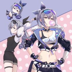 1girl ass belt black_gloves black_jacket black_shorts black_sports_bra black_vest blowing_bubbles breasts chibi choker cleavage collarbone commentary crop_top cropped_jacket eyewear_on_head fingerless_gloves fishnets fur-trimmed_jacket fur_trim gloves grey_eyes grey_hair hair_ribbon highres honkai:_star_rail honkai_(series) jacket long_hair midriff multiple_views navel polka_dot polka_dot_background puffy_sleeves revision ribbon saint_laurent_paris shirt short_shorts shorts silver_wolf_(honkai:_star_rail) silver_wolf_(jepella_rebellion)_(honkai:_star_rail) single-shoulder_shirt sports_bra stomach sunglasses vest white_belt white_shirt