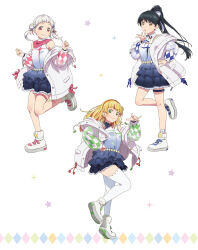 3girls arashi_chisato artbook black_hair blonde_hair blue_skirt blunt_bangs bow double_bun full_body green_eyes hair_bun hairband hazuki_ren heanna_sumire highres jacket long_hair looking_at_viewer love_live! love_live!_superstar!! multiple_girls non-web_source official_art orange_hairband ponytail red_eyes shoes skirt smile thigh_strap thighhighs white_background white_hair yellow_eyes