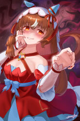 Rule 34 | 1girl, absurdres, animal ears, aura, blush, breasts, brown hair, chest jewel, cleavage, dark aura, detached sleeves, gasatsuneo, highres, horse ears, horse girl, looking at viewer, reaching, reaching towards viewer, red eyes, shaded face, signature, simple background, small breasts, smirk, still in love (umamusume), umamusume, veil, yandere