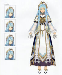 absurdres bare_shoulders blue_hair concept_art crown etain_(mabinogi) gloves green_eyes half_gloves highres long_skirt mabinogi multicolored_hair multiple_expressions official_art see-through_clothes see-through_sleeves skirt two-tone_hair