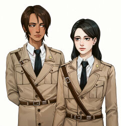 2girls adelheid_(moschiola) alternate_universe arms_behind_back belt black_eyes black_hair black_necktie brown_belt brown_coat brown_eyes brown_hair coat commentary dark-skinned_female dark_skin freckles highres military_uniform multiple_girls necktie pieck_finger shingeki_no_kyojin smile ymir_(shingeki_no_kyojin)